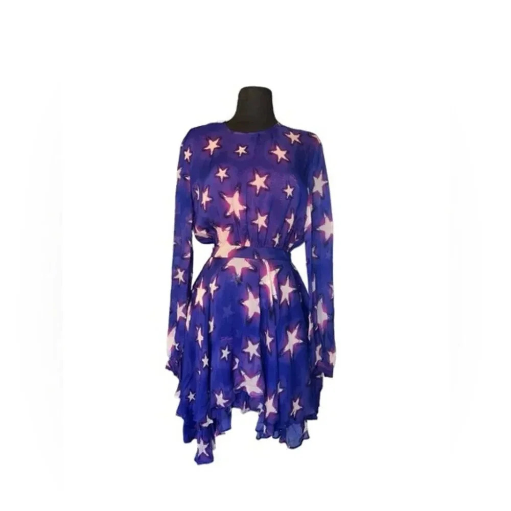 Just Cavalli By Roberto Cavalli Star Chiffon Print Flutter Skirt Dress sz 40